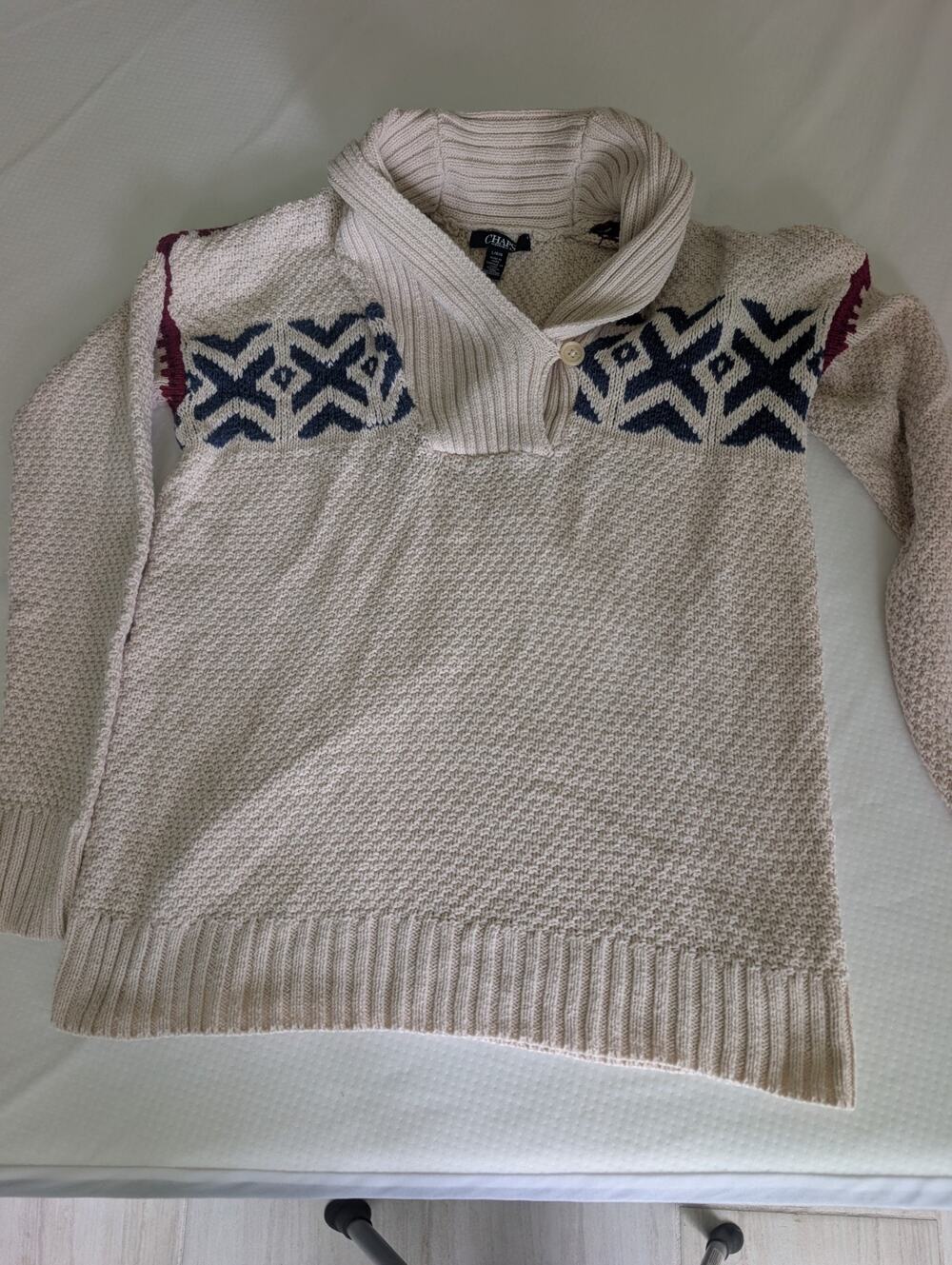Chaps Denim Sweater Women’s Large Shawl Neck Beige , Grandma, Cottagecore, boho